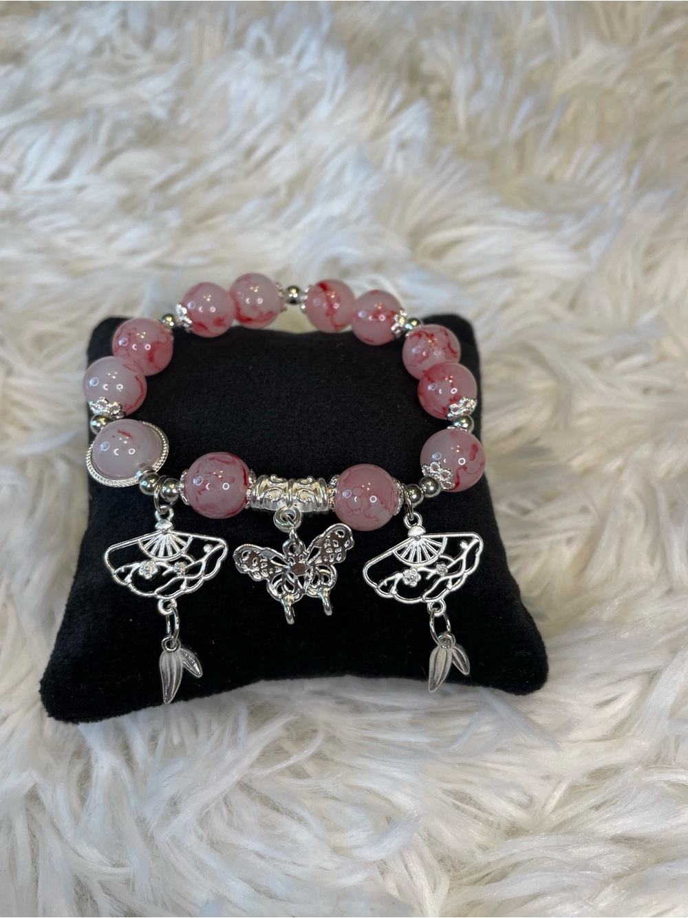Pink Beaded Bracelet with Silver Butterfly and Fan Charms